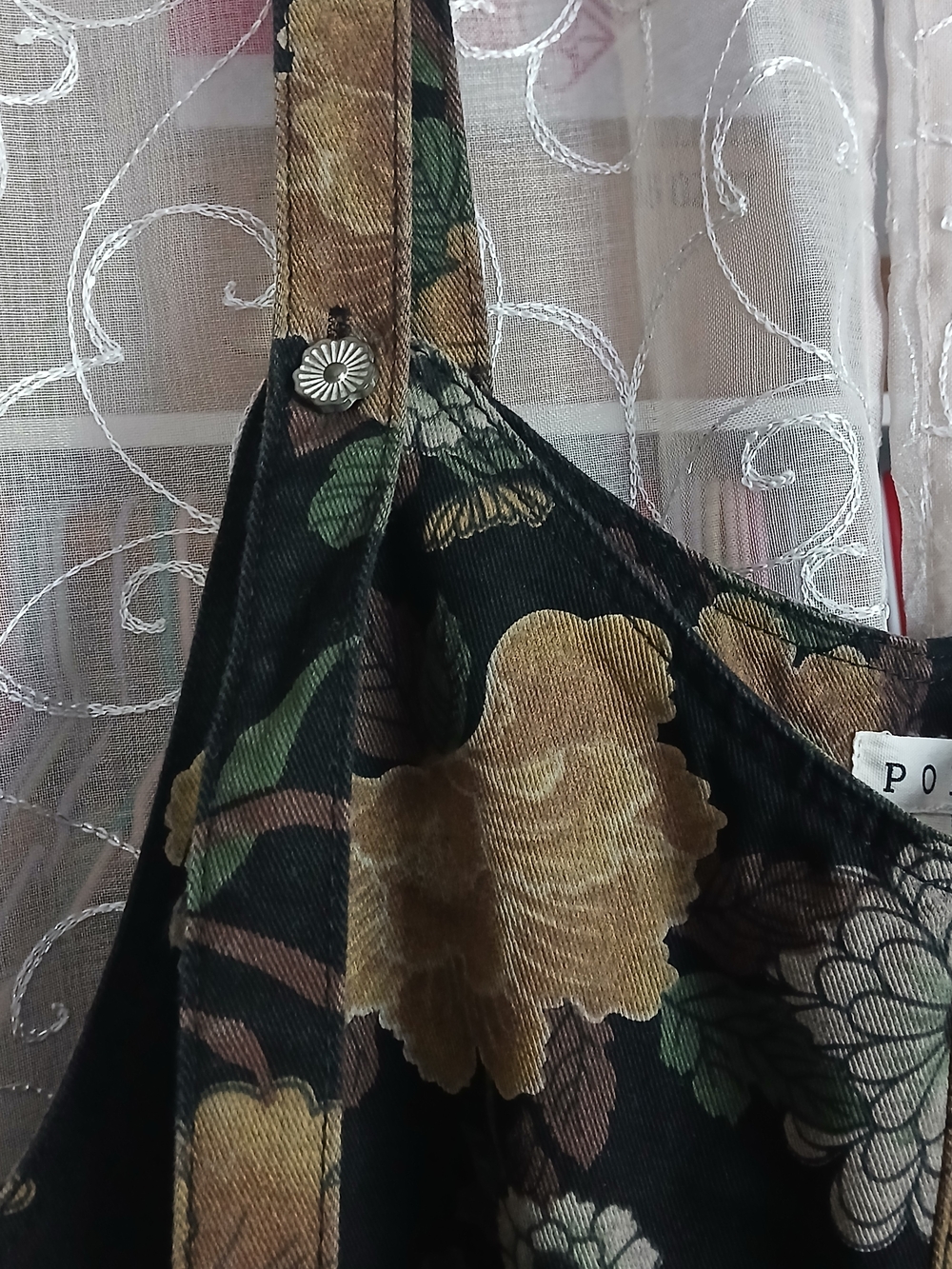 POL Black Wide Leg Overall with Gold Floral and Olive Leaf Accents - Picture 4 of 7